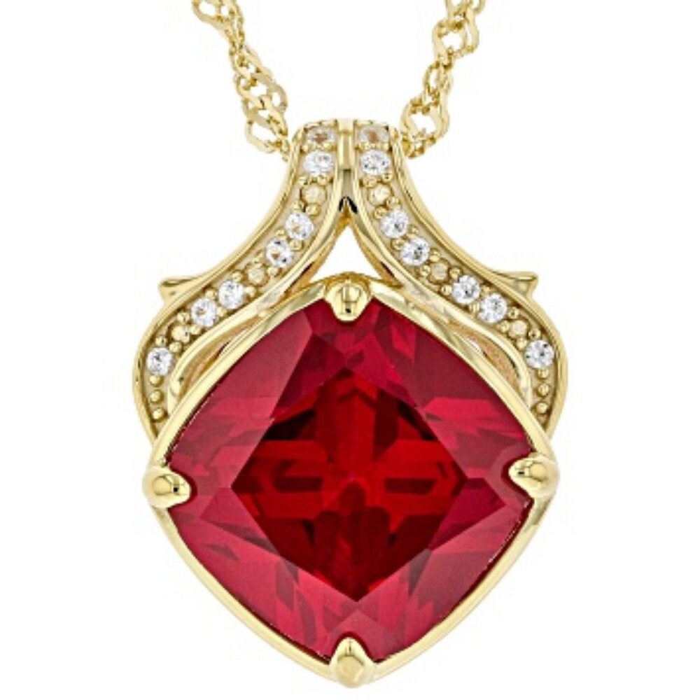 Red Lab Ruby and White Lab Sapphire 18K Yellow Gold Over Sterling Silver Pendant
